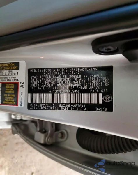 2012 Toyota Avalon Base из США, поврежденный, VIN 4T1BK3DB0CU455052